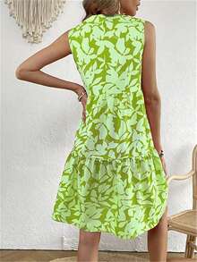 V 领无袖 A 字形印花连衣裙 - 橄欖綠 - 查看 2