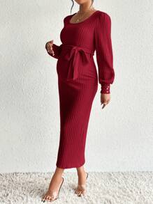 SHEIN 孕妇纯色圆领罗纹长袖中长连衣裙（腰带） - 酒紅色 - 查看 3