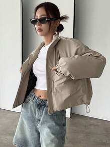 DAZY 女士纯色简约日常穿着长袖棉衣，冬季女装，冬季外套女夹克 - 卡其色 - 查看 7