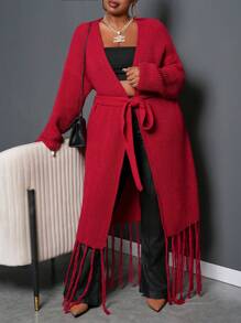 Slaydiva Veste d'hiver pour femmes grande taille, couleur unie, avec nœud papillon et manches à franges, couleur bordeaux - Rouge foncé - Voir 3