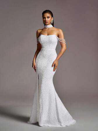 Faeriesty Wedding Dress Bridal Gown – Strapless Sweetheart Neckline With Cascading Beaded Chain Embellishments, Thigh-High Slit & Elegant Mermaid Train For Bridal Ceremonies, Church Weddings, Formal Galas, Evening Receptions, Luxury Red-Carpet Events,Bride