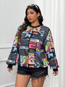 CovetEZ Plus Size Women's Colorful Random Print Crew Neck Long Sleeve Sweatshirt Graduation,Back To School Outfits,Graduation,Teacher Outfits For Women,Back To School In Fall/Winter - Black - View 3