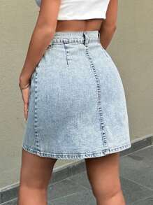 SHEIN Cottnline Women Denim Comfort Cargo Mini Skirt - Medium Wash - View 2