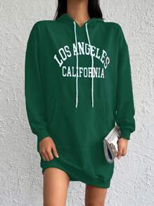 Cottnline 女士字母印花連帽運動裙,帶束腰繩 - 墨綠色 - 查看 1