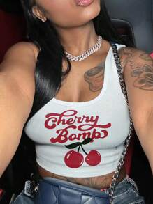 INAWLY Women's Round Neck Letter Print Stylish Fitted Charming Tank Top - White - View 1