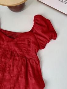 SHEIN Unity 女士红色短袖方领收腰纽扣衬衫，短袖上衣 - 酒紅色 - 查看 5