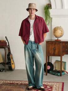 SWAVVY Áo sơ mi nam tay ngắn kẻ sọc rộng rãi, dáng hộp, Y2K - Nhiều màu - Xem 6