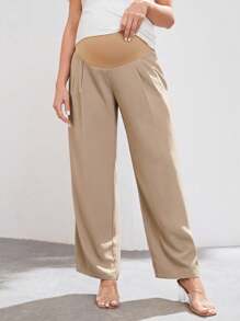 SHEIN 孕婦褶皺可調節腰圍直筒褲 - 卡其色 - 查看 4