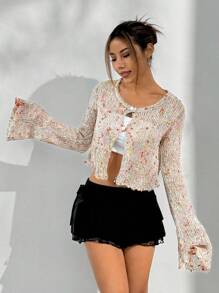 SHEIN Unity Polka Dot Hollow Out Knit Casual Vacation Cropped Cardigan - Pink - View 1