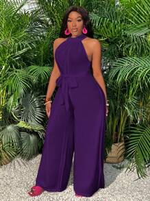 Slaydiva 1pc Green High Neck Slit Pocket Wide Leg Jumpsuit - Purple - View 6