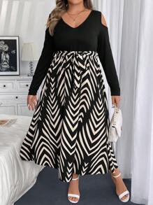 Celure Plus Size V-Neck Long Sleeve Black Patchwork Floral Print Dress Fall Cloth For Women