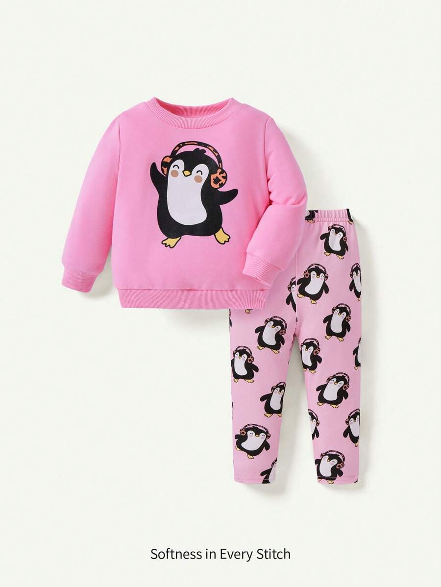Cozy Pixies 2pcs Baby Girls' Casual Soft Knit Penguin Print Fuchsia Pullover Sweatshirt And Pants Set - Pink - View 1