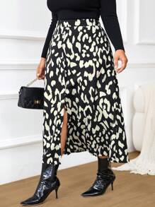 SHEIN Frenchy Casual Leopard Print Long Loose Bridgerton Style Plus Size A-Line Skirt - Multicolor - View 4