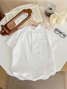 SHEIN LMoss Kids Tween Boy Stand Collar Pocket Patch Shirt