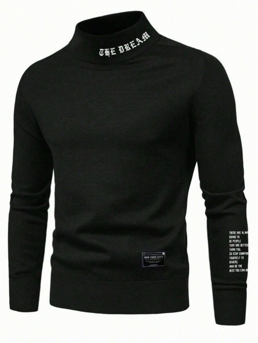 SHEIN Teenage Boys' Casual Black Collar Letter Embroidery Long Sleeve Hoodie Jacket