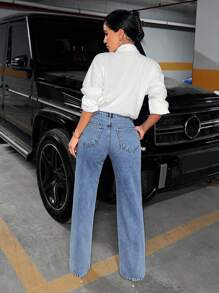 EURMUSE Quần jean ống đứng lưng cao, dáng rộng, dễ phối đồ cho nữ - Màu xanh lam - Xem 2