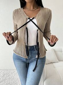 Chiquease 女士撞色蝴蝶结针织长袖毛衣 - 駝色 - 查看 3