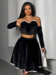 Zolique 2 piezas Conjunto de top corto sin mangas y falda con bloqueo de color, volantes y ribete de terciopelo