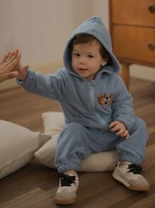 SHEIN Baby Boy Embroidery Decor Hooded Sweatshirt And Solid Color Pants Clothes Set - Multicolor - View 6
