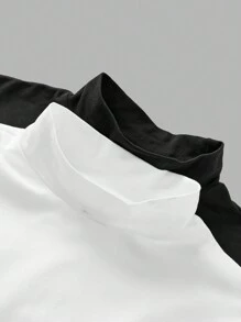 SHEIN EZwear Casual 2pcs/Set Women 95% Cotton Turtleneck Fitted Long Sleeve Base Layer T-Shirt Set - Black and White - View 6