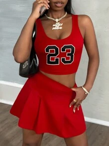 Slaydiva 2 件套女士休闲节日字母印花无袖短款上衣和百褶裙套装