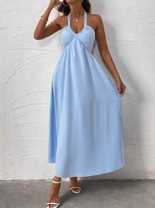 SHEIN LUNE Women's Sleeveless Backless Solid Color Dress - Blue - View 7