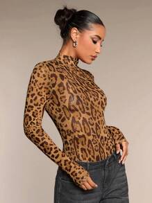 SHEIN BAE Women's Fall Women Clothes Leopard Print Stand Collar Long Sleeve Slim Bodysuit,Animal Print Top,Leopard Costume - Brown - View 6