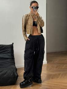 StreetHx Women's Front Zip Up Long Sleeve Solid Color Patchwork Minimalist Jacket, Casual Daily Wear - Apricot - View 5