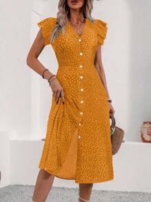 Breezaya 女士圆点印花纽扣连衣裙 - 黃色 - 查看 5