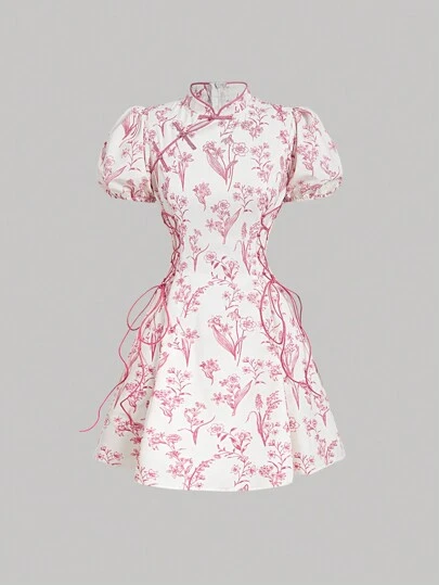 SHEIN MOD ชุดสั้น ลายดอกไม้ แบบจีน แขนพองสำหรับสตรี มีเอวคอด, ชุดทำงาน, ชุดกระชับสัดส่วน