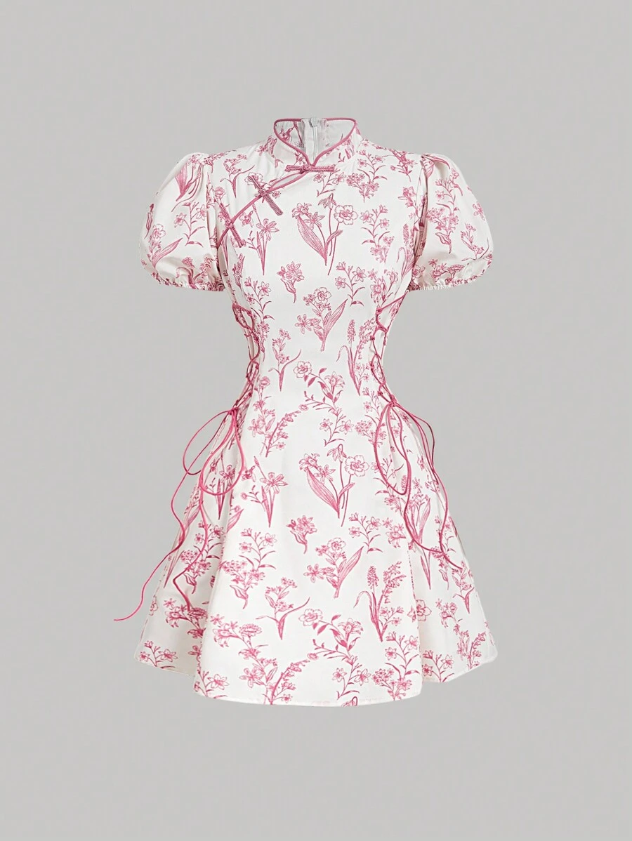 SHEIN MOD Đầm ngắn tay bồng phong cách Trung Hoa họa tiết hoa cho nữ, Đầm công sở, Đầm định hình - Hồng - Xem 1