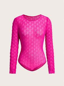 Maija Women's Solid Color Crew Neck Long Sleeve Fitted Bodysuit, Spring & Summer - Hot Pink - View 7