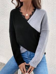 SHEIN LUNE 女士V领双色睫毛蕾丝边蝙蝠袖长袖针织毛衣，秋冬款 - 彩色 - 查看 4