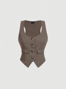 SHEIN MOD Vintage Plaid U-Neck Front Button Pocket Casual Suit Vest Jacket