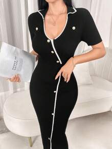 Modelyn Women's Contrast Trim Button Front Short Sleeve Casual Knit Dress