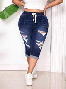 SHEIN CURVE+ Pantalones vaqueros elásticos pitillo azul desgastados de talla grande para mujer