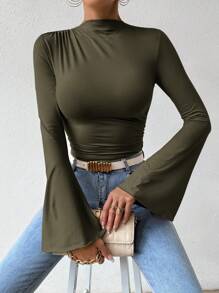 SHEIN Women's Solid Color Simple Casual Flared Sleeve Bodysuit Fall Cloth For Women - Army Green - View 7