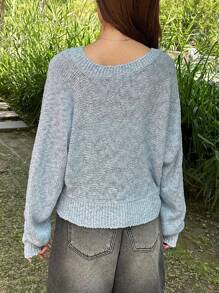 DAZY 女式纯色宽松圆领轻薄套头衫，适合秋季换季穿着 - 淺藍色 - 查看 2