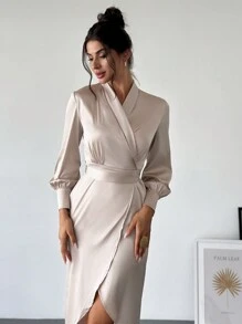 SHEIN Privé Women's Elegant Commute Cocktail Dress With Lapel, Belt, Slit, Long Sleeve, Mid-Length Fall Cloth For Women - Apricot - View 3