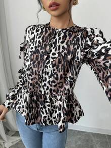 Chiquease Damen Rundhals Langarm Krawattenoberteil mit modischen Knöpfen, sanfter Leopardenmuster Bluse Damen Hemd