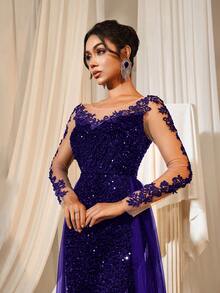 Faeriesty Women Elegant Women's Shiny Sparkly Sequin V-Neck Long Sleeve Maxi Dress - Floral Applique Sheer Overlay Flared Hem, Mermaid Silhouette, Suitable For Weddings, New Year's Eve And Formal Occasions,Summer Holiday Outfits - Purple - View 7