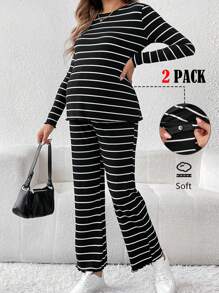 SHEIN 2pcs Maternity Striped Round Neck Long Sleeve Casual T-Shirt And Adjustable Waist Pants Set, Spring Summer - Black and White - View 1