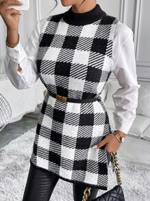 SHEIN Clasi Women's Crew Neck Sleeveless Stand Collar Plaid Pattern Jacquard Sweater Vest, Casual Wear - Black and White - View 5