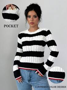 Chiquease Damen Lässig Farbblock Streifen Strickpullover, Frühling/Herbst, Strickpullover Herbst Winter - Schwarz und Weiss - Übersicht 6