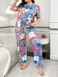 Plus Cartoon Print Crew Neck Short Sleeve Top And Pants Pajama Set, Fall Clothes - Multicolor - View 4