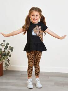 SHEIN Young Girl Leopard Print Ruffle Hem Tee & Leggings - Multicolor - View 3