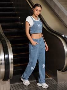 SHEIN Explorewe 女童休闲蝴蝶印花吊带背心和宽松裤子套装，春秋季