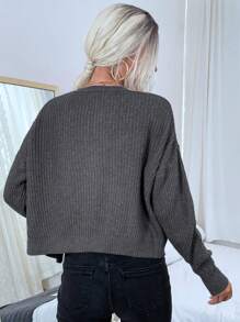 EMERY ROSE Áo len cardigan nữ màu trơn đơn giản, áo dài tay - Màu xám đen - Xem 2