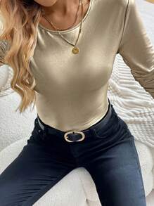 SHEIN LUNE Dames effen elastisch gecoat slim fit T-shirt