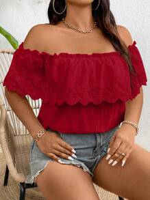 SHEIN Clasi Plus Size Women's Off-Shoulder Ruffle Collar Red Elegant Blouse, Suitable For Summer Vacation - Burgundy - View 1
